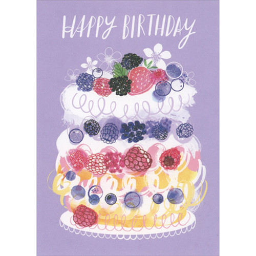 Cake Garnished with Mixed Berries on Purple Background Birthday Card: Happy Birthday