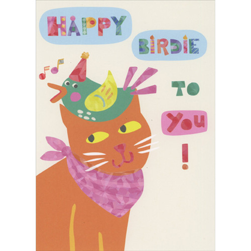Happy Birdie to You: Singing Bird on Orange Cat's Head Cute Birthday Card: Happy Birdie to You!