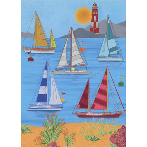 Colorful Striped Sailboats on Water Near Red Lighthouse Birthday Card for Man