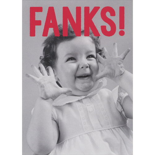 Fanks: Little Girl with Open Palms Near Her Face Cute / Funny Thank You Card: FANKS!