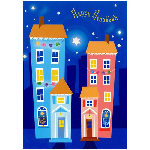 Tall Houses and Starlit Sky Box of 18 Hanukkah Cards: Happy Hanukkah