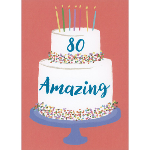 80 Amazing: Blue Foil Lettering on Two Tiered White Cake 80th Birthday Card: 80 Amazing