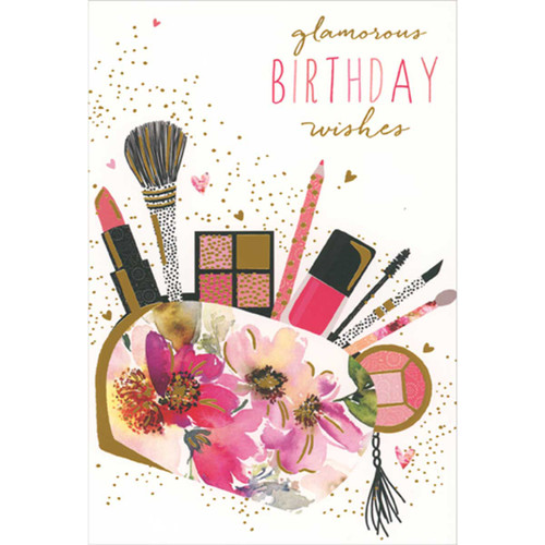 Glamorous Wishes: Floral Makeup Purse Birthday Card: Glamorous Birthday Wishes