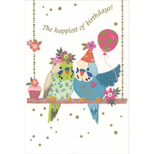 Budgie Parakeets with Party Hat and Balloon Birthday Card: The happiest of birthdays!