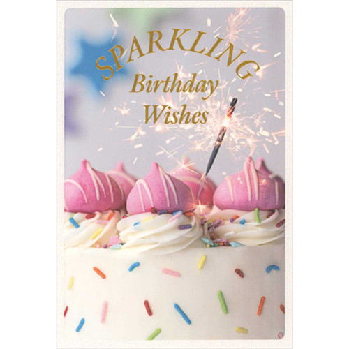 Sparkling Wishes: Cake with Pink Frosting Swirls Birthday Card: SPARKLING Birthday Wishes