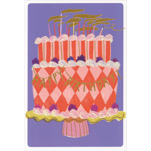 Gold Candle Flames Being Blown Out on Two Tiered Cake Birthday Card: Happy Birthday!