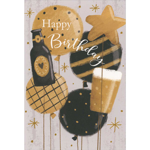 Earth Tone Beer Bottle and Mug Shaped Balloons Birthday Card: Happy Birthday