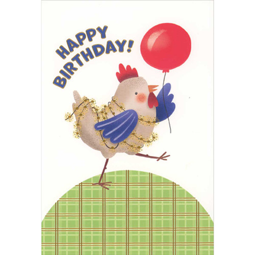 Chicken with Red Balloon and Light String Birthday Card: Happy Birthday!