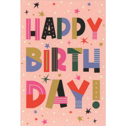 Colorful Mixed Pattern Font and Stars on Pink Birthday Card: Happy Birthday!