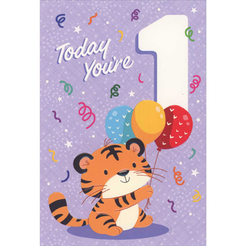 Tiger Holding Blue, Orange and Red Balloons 1st Birthday Card: Today you're 1