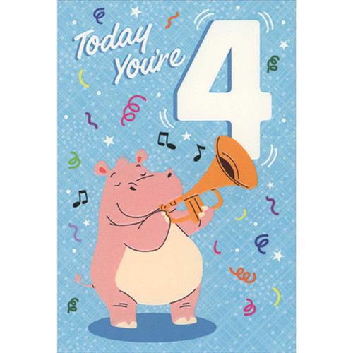 Hippo Playing Trumpet on Light Blue 4th Birthday Card: Today you're 4