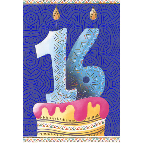 Large Number 16 Candles on Cake with Pink Frosting 16th Birthday Card: 16