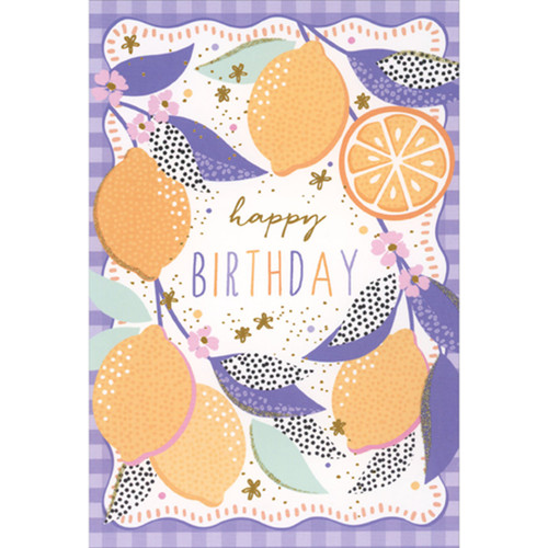 Ripe Lemons on Branches with Purple Leaves Birthday Card: Happy Birthday