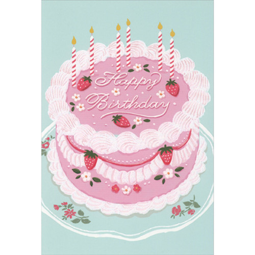 Strawberry Cake with Fancy White Frosting Birthday Card: Happy Birthday
