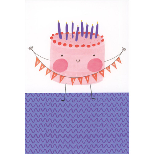 Cute Pink Cake Holding Penant Banner Birthday Card: Happy Birthday