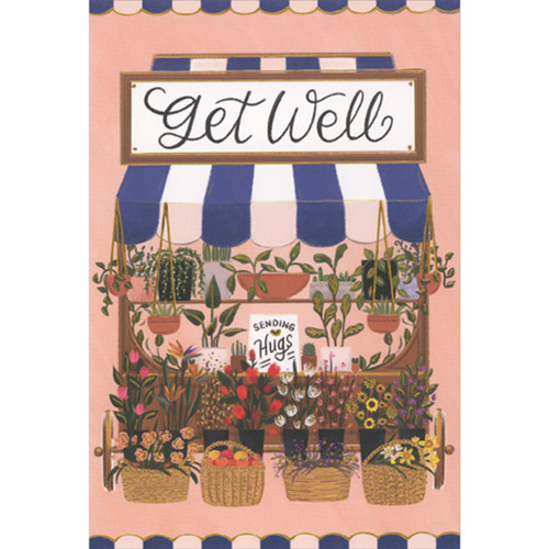 Sending Hugs Flower Stand with Blue and White Awning Get Well Card: Get Well