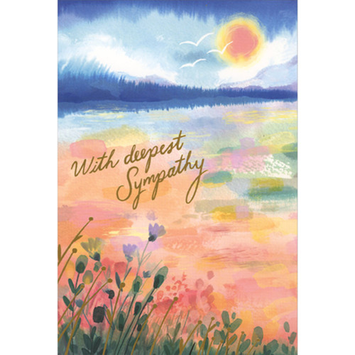 Watercolor Seascape with Seagulls in Sunny Sky Sympathy Card: With Deepest Sympathy