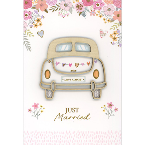 Just Married: Laser Cut Wooden 3D Car Outline Wedding Card: Just Married