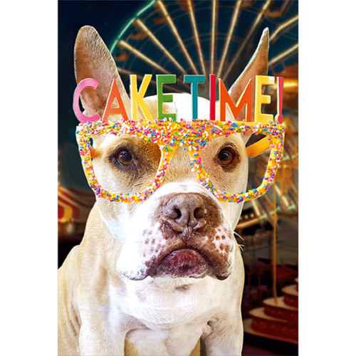 White Dog with Cake Time Sunglasses 3D Lenticular Motion Birthday Card: Cake Time!