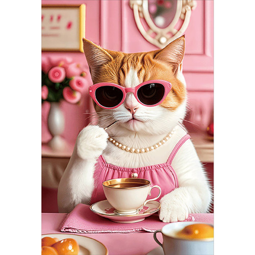 Tea Time Diva Cat with Pink Sunglasses 3D Lenticular Motion Birthday Card