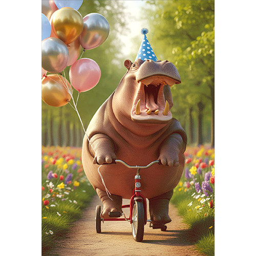 Hippo in Party Hat Riding Tricycle 3D Lenticular Motion Birthday Card