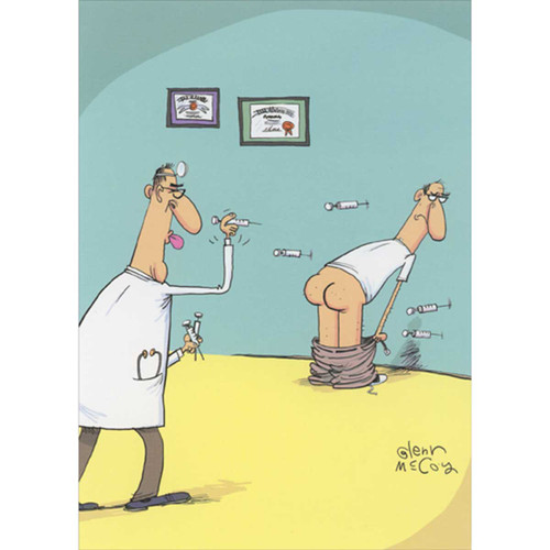 Doctor Throwing Syringes Like Darts Funny Get Well Card