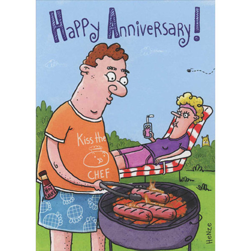 Man Grilling Hot Dogs: Kiss the Chef T-Shirt Funny Anniversary Card: Happy Anniversary!