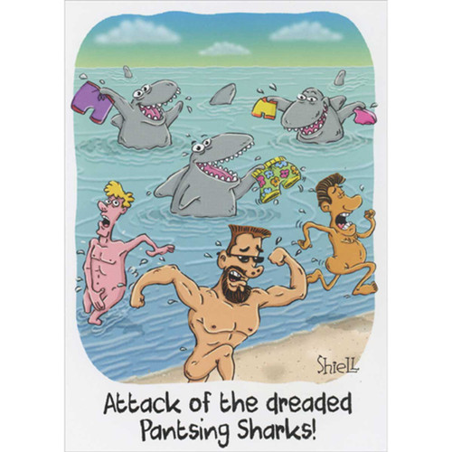 Attack of the Dreaded Pantsing Sharks Funny Birthday Card: Attack of the dreaded Pantsing Sharks!