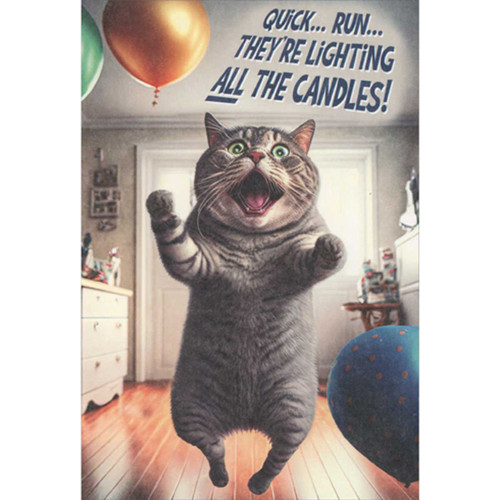 Scared Cat: Run, They're Lighting All the Candles Funny Birthday Card: Quick… Run… They're lighting ALL the candles!