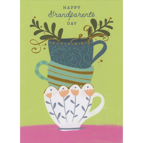 Grandparents Day Card: Stack of Different Patterned Teacups: Happy Grandparents Day