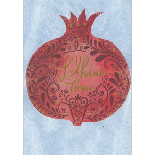 Rosh Hashanah Card: Foil L'Shana Tova Text on Red Patterned Pomegranate: L'Shana Tova