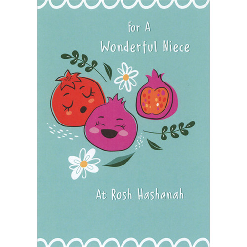 Rosh Hashanah Card for Niece: Cute Red and Pink Pomegranates with Smiley Faces on Teal: For a Wonderful Niece   At Rosh Hashanah