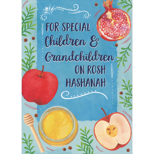 Rosh Hashanah Card for Children and Grandchildren: Sliced Apple, Pomegranate and Top of Honey Jar: For special children & grandchildren on Rosh Hashanah