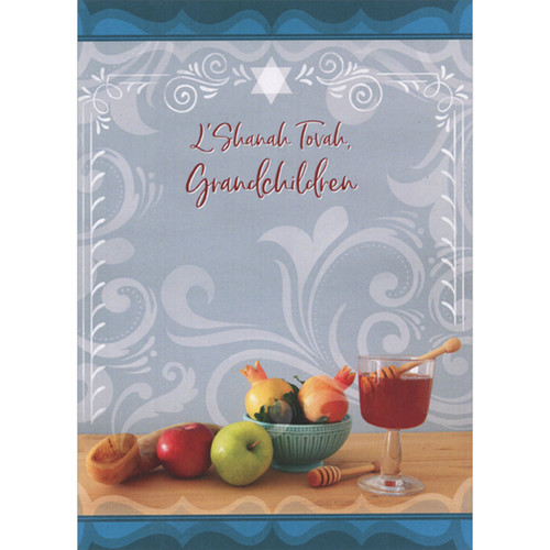 Rosh Hashanah Card for Grandchildren: Honey, Apples, Bowl of Pomegranates and Shofar on Table: L'Shanah Tovah, Grandchildren