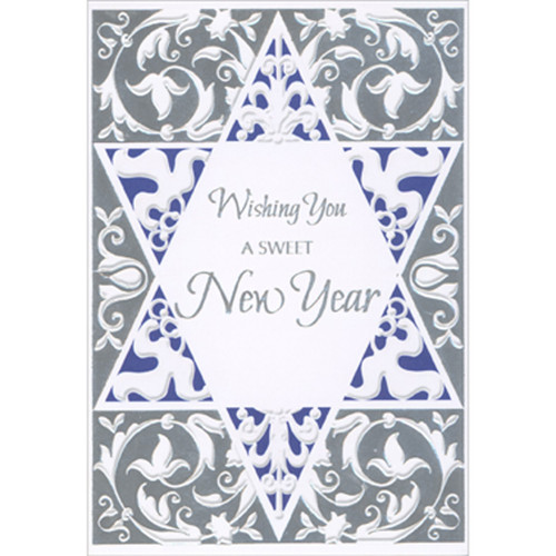 Packaged Rosh Hashanah Cards: Set of 8 - Ornate Blue and White Star of David on Silver Foil: Wishing You a sweet New Year