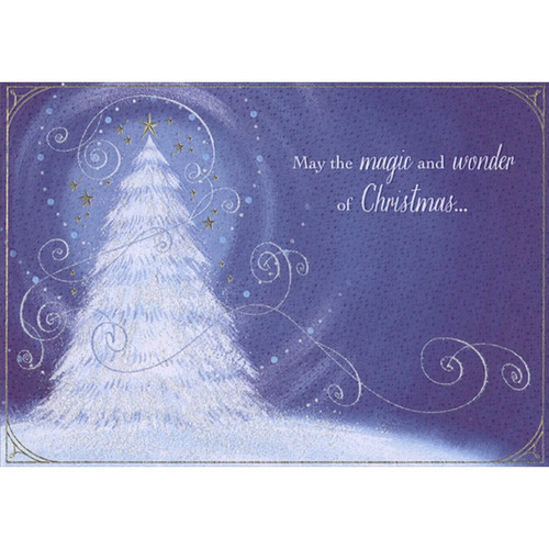 Snow Covered Evergreen Tree on Blue Box of 18 Christmas Cards: May the magic and wonder of Christmas…