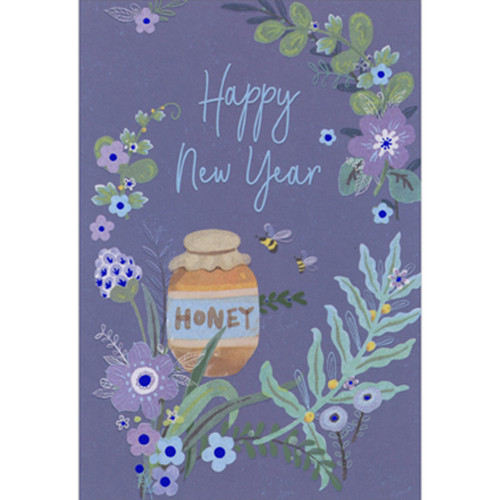 Packaged Rosh Hashanah Cards: Set of 8 - Honey Jar, Bees and Flowers on Purple: Hapy New Year  Honey