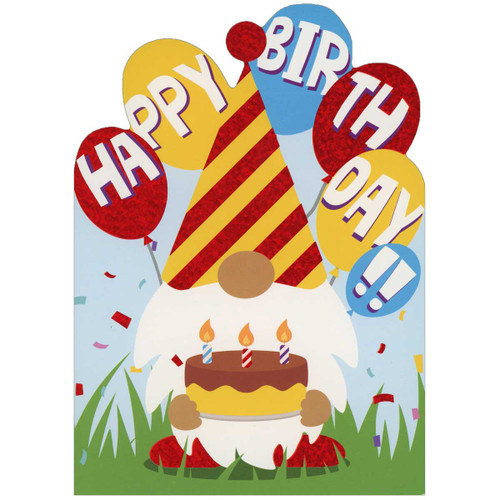 Birthday Card for Kids: Gnome in Yellow and Red Foil Party Hat Holding Cake: Happy Birthday!!