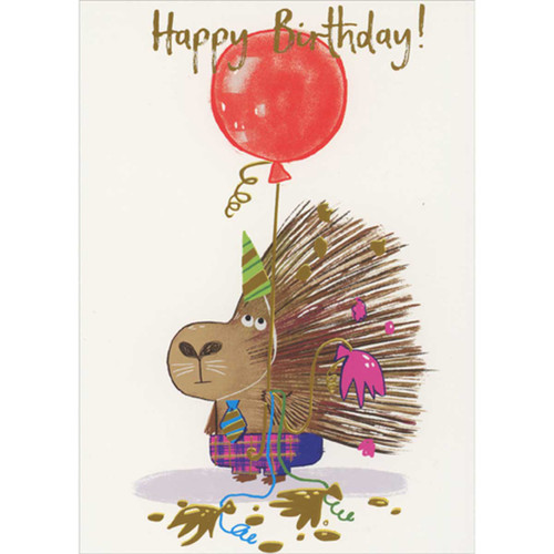 Funny Birthday Card: Porcupine with Red Balloon and Popped Balloons: Happy Birthday!