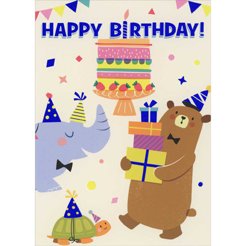 Birthday Card for Kids: Bear, Rhino and Turtle with Party Hats and Cake: HAPPY BIRTHDAY!