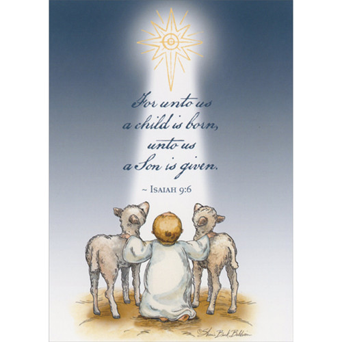 Boxed Religious Christmas Cards: For Unto Us - Child and Lambs Gazing up at Star, Set of 18: For unto us a child is born, unto us a Son is given.  - Isaiah 9:6