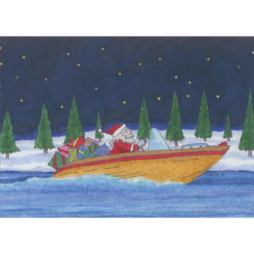Boxed Christmas Cards: Santa Driving Motorboat with Gifts Under Starry Sky, Set of 18
