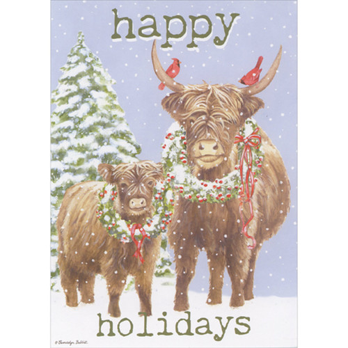 Boxed Holiday Cards: West Highland Cattle, Mom and Calf Wearing Wreaths, Set of 16: happy holidays