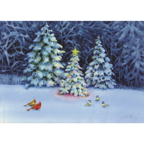Boxed Christmas Cards: Trio of Small Sparkling Trees, Cardinals and Chickadees, Set of 14