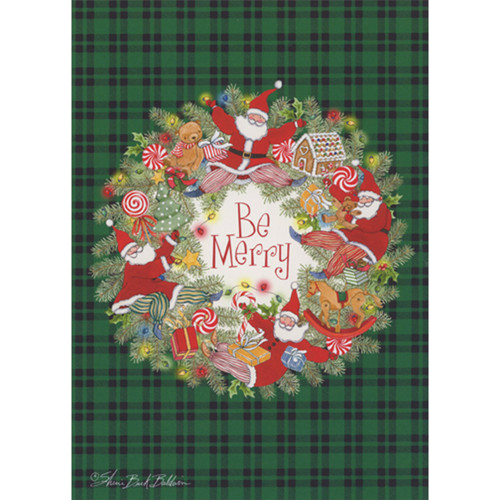Christmas Card: Be Merry Wreath Decorated with Santa and Toys: Be Merry