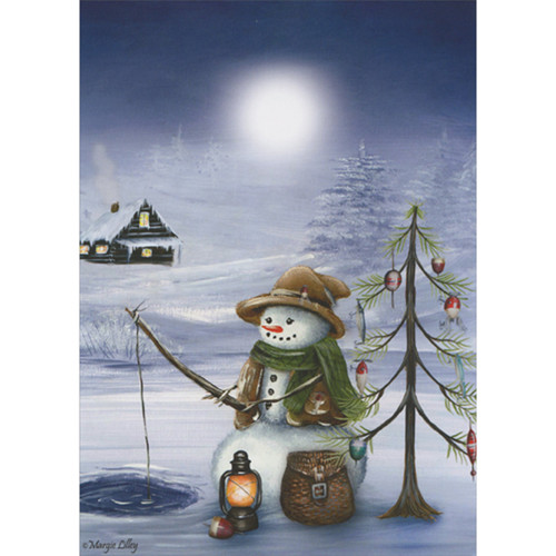 Holiday Card: Ice Fisherman Snowman on Frozen Lake Near Cabin