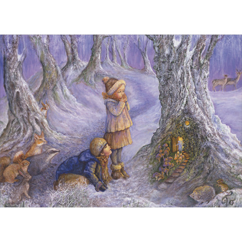 Holiday Card: Fairy Door - Children and Animals at Base of Tree