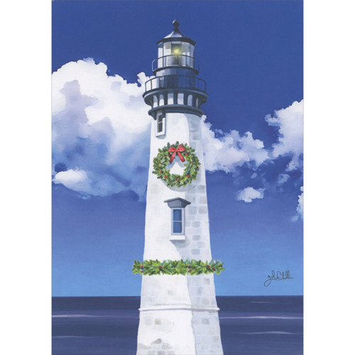 Coastal Christmas Card: Tall White Christmas Lighthouse in Front of Puffy White Cloud