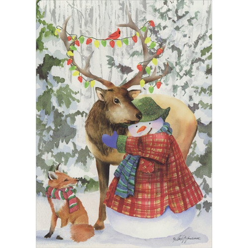Holiday Card: Sharing the Love - Snowman Hugging Elk