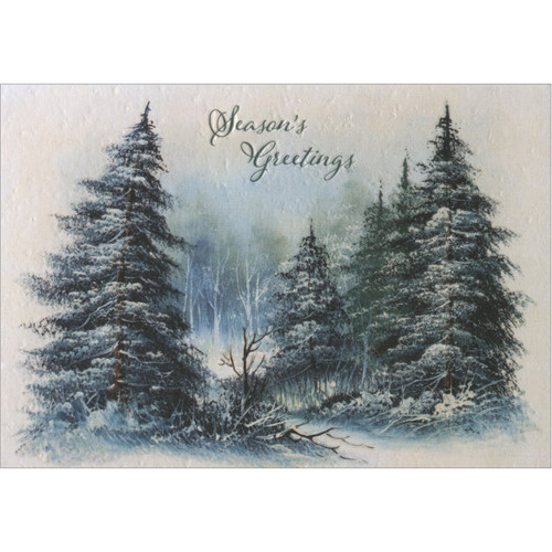 Boxed Holiday Cards: Season's Greetings - Tall Snow Covered Evergreen Trees, Petite, Set of 12: Season's Greetings